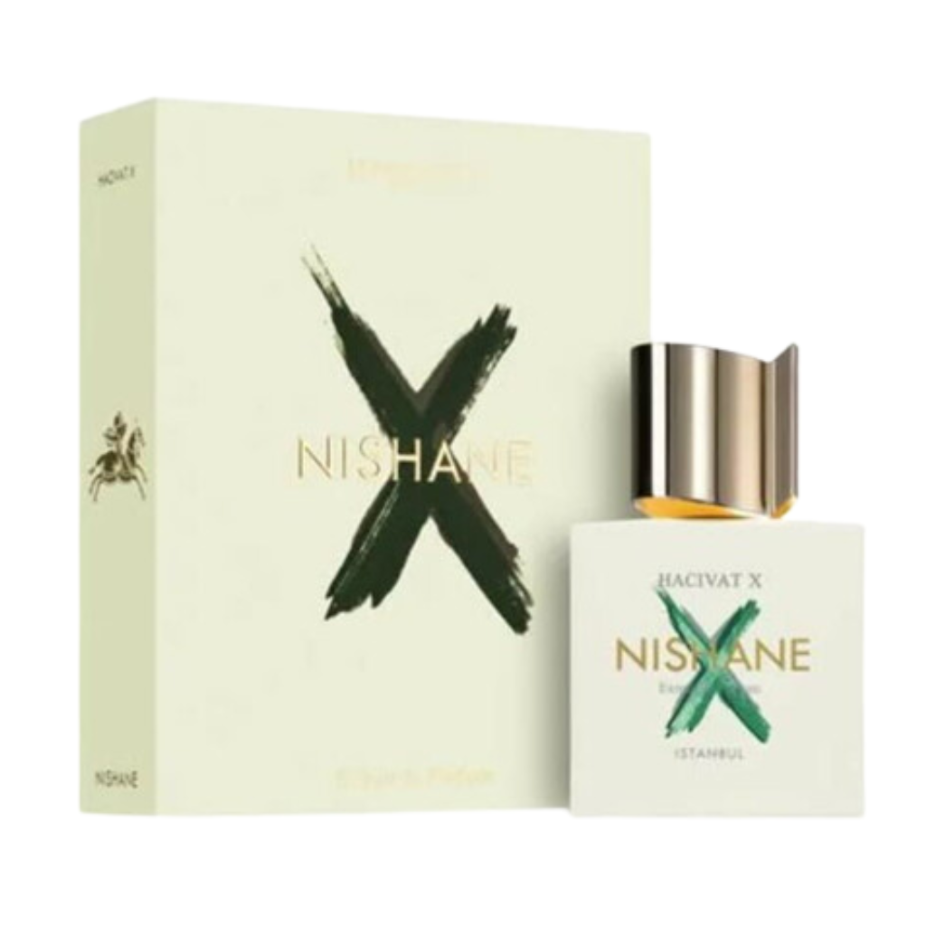 White and gold bottle with green X and matching box of Hacivat X Extrait de Parfum luxury fragrance by Nishane