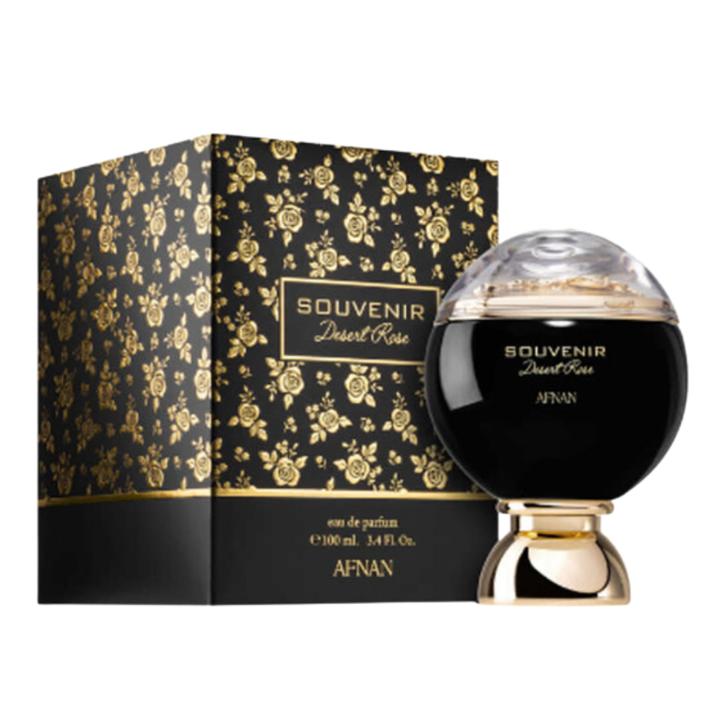 Souvenir Desert Rose EDP perfume bottle with black and gold floral design packaging and elegant rounded shape.