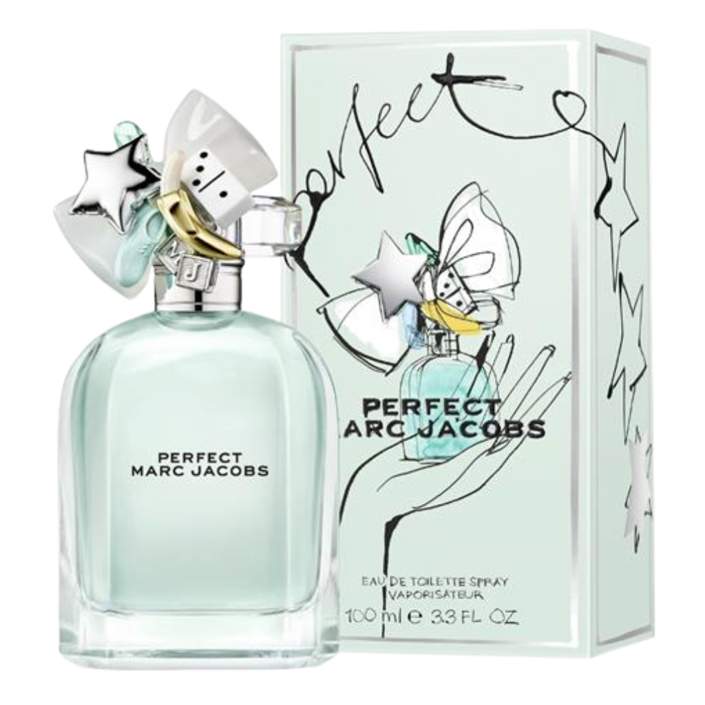 Perfect EDT perfume bottle with decorative bow and stars next to matching illustrated packaging box