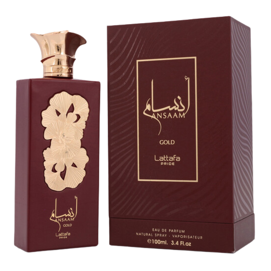 Pride Ansaam Gold EDP bottle with gold floral design next to its matching elegant dark red box packaging.
