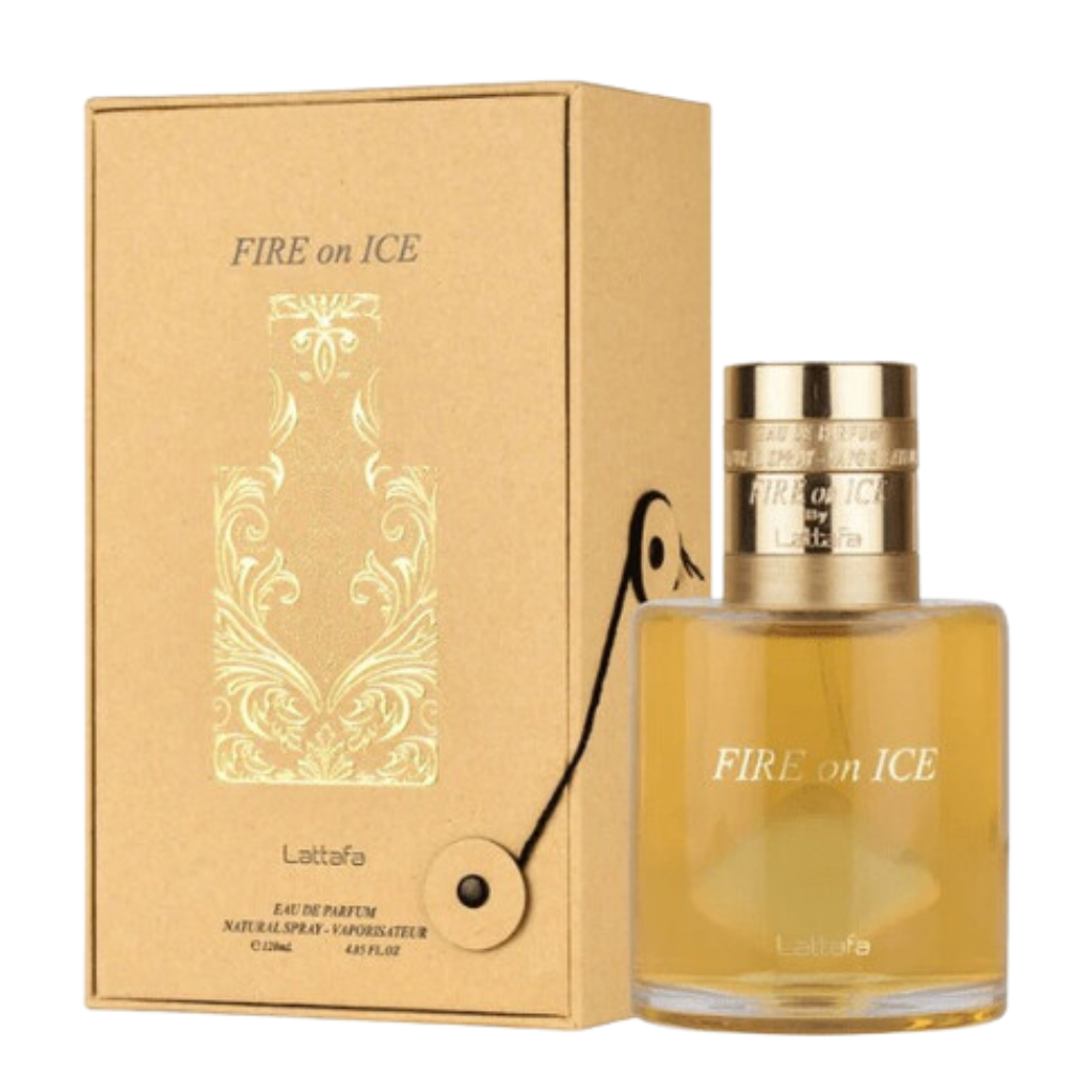 Fire On Ice EDP perfume bottle with golden cap next to matching decorative beige box for niche fragrance samples.