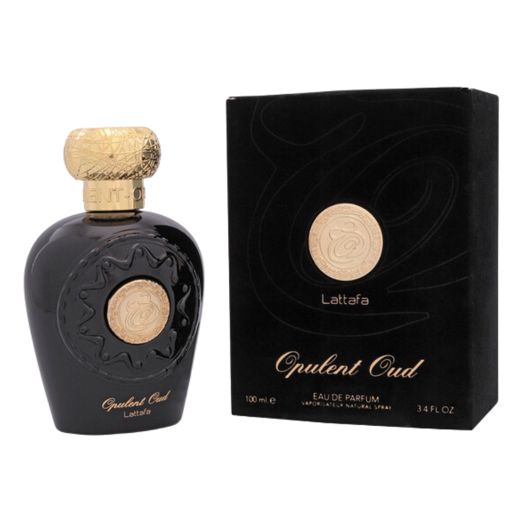 Opulent Oud EDP perfume bottle and black box featuring gold accents, luxury niche fragrance packaging design