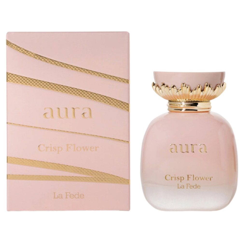 La Fede Aura Crisp Flower EDP perfume bottle and packaging in soft pink with gold accents and elegant design detail