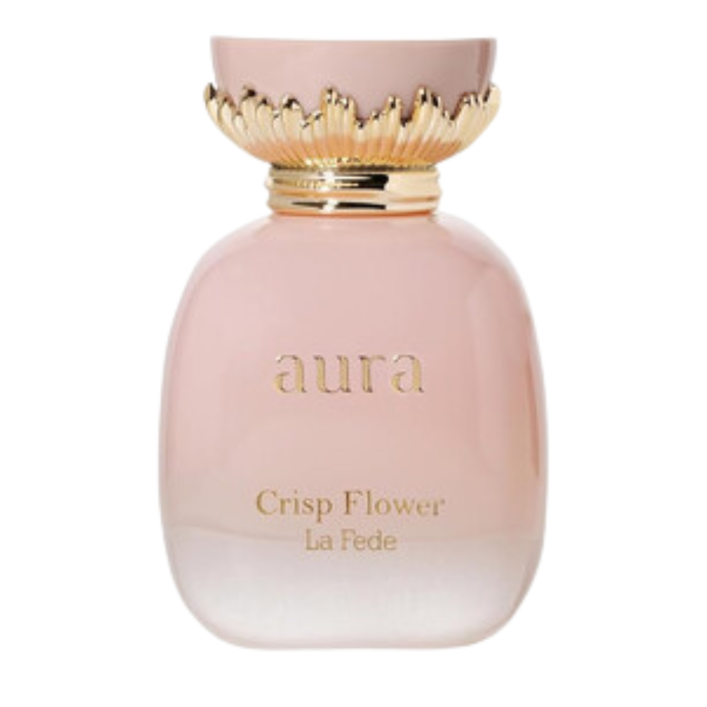 La Fede Aura Crisp Flower EDP perfume bottle in soft pink with gold floral cap design, elegant luxury fragrance display