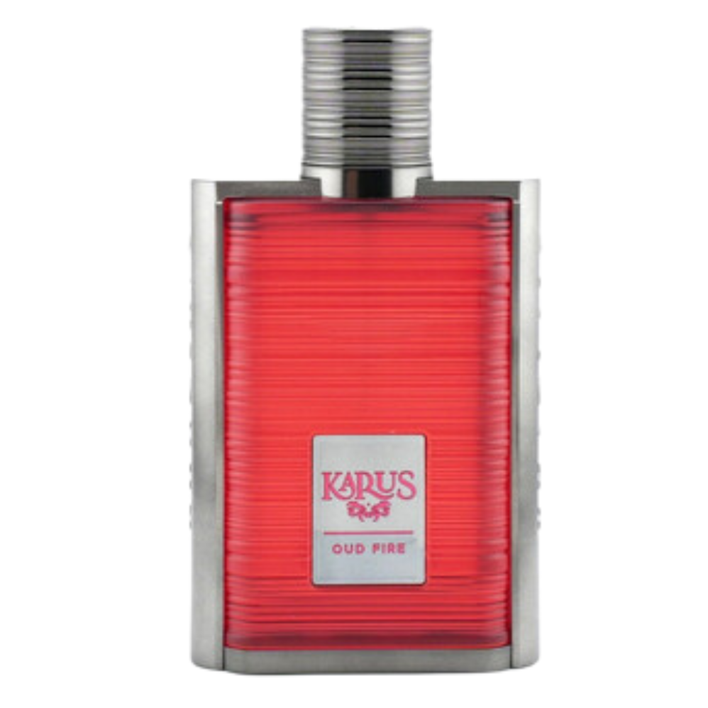 Karus Oud Fire EDP fragrance bottle with vibrant red design and metallic silver accents for niche luxury scents.