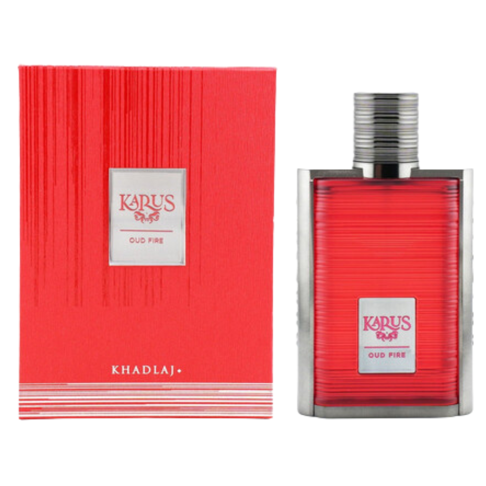 Red and silver perfume bottle with matching box, showcasing Karus Oud Fire EDP fragrance by Arvella Fragrance brand.