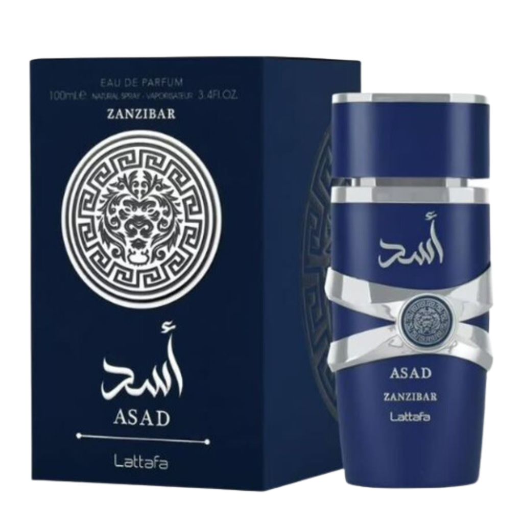 Asad Zanzibar EDP bottle and box in deep blue with silver accents and intricate lion emblem design