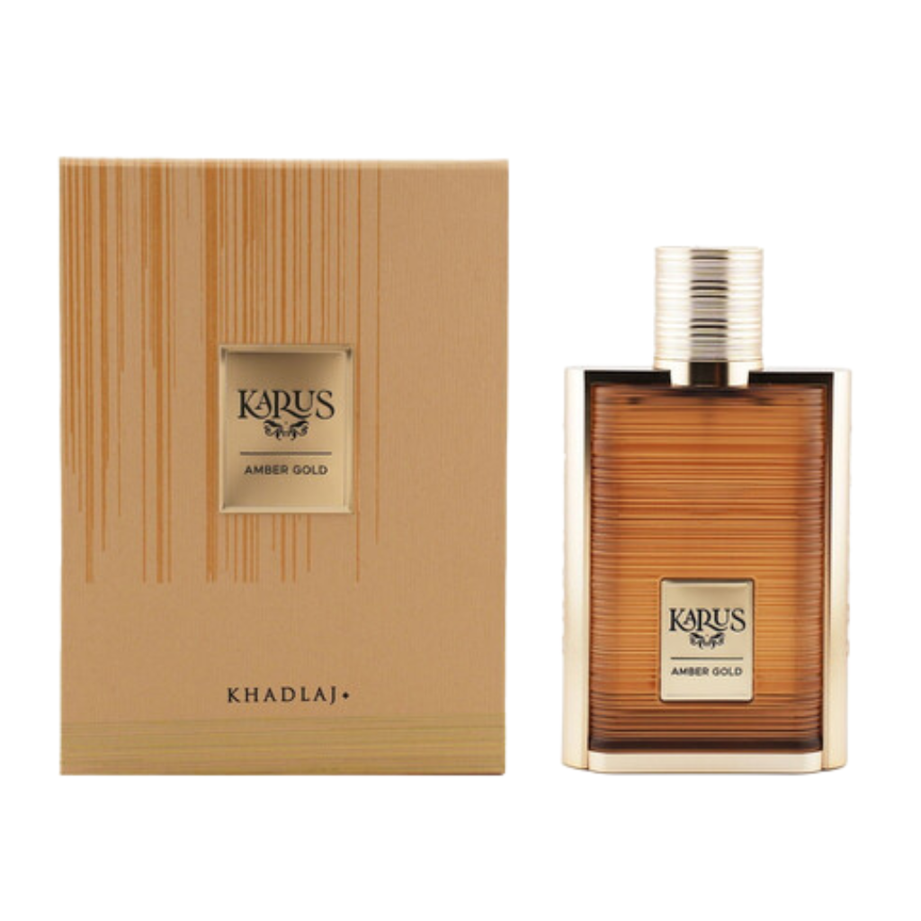 Karus Amber Gold EDP perfume bottle with amber color and matching elegant gold-accented box packaging
