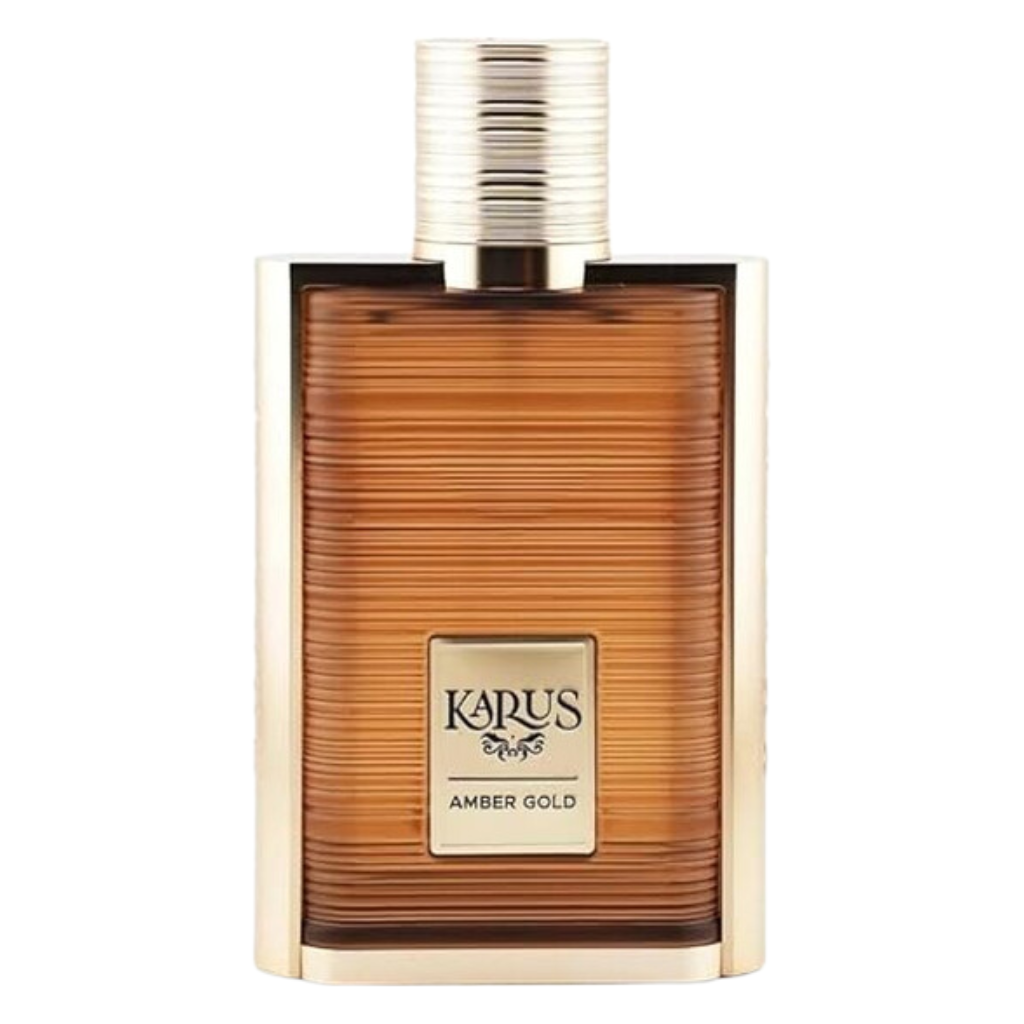 Karus Amber Gold EDP in a sleek amber glass bottle with gold accents and a textured surface design