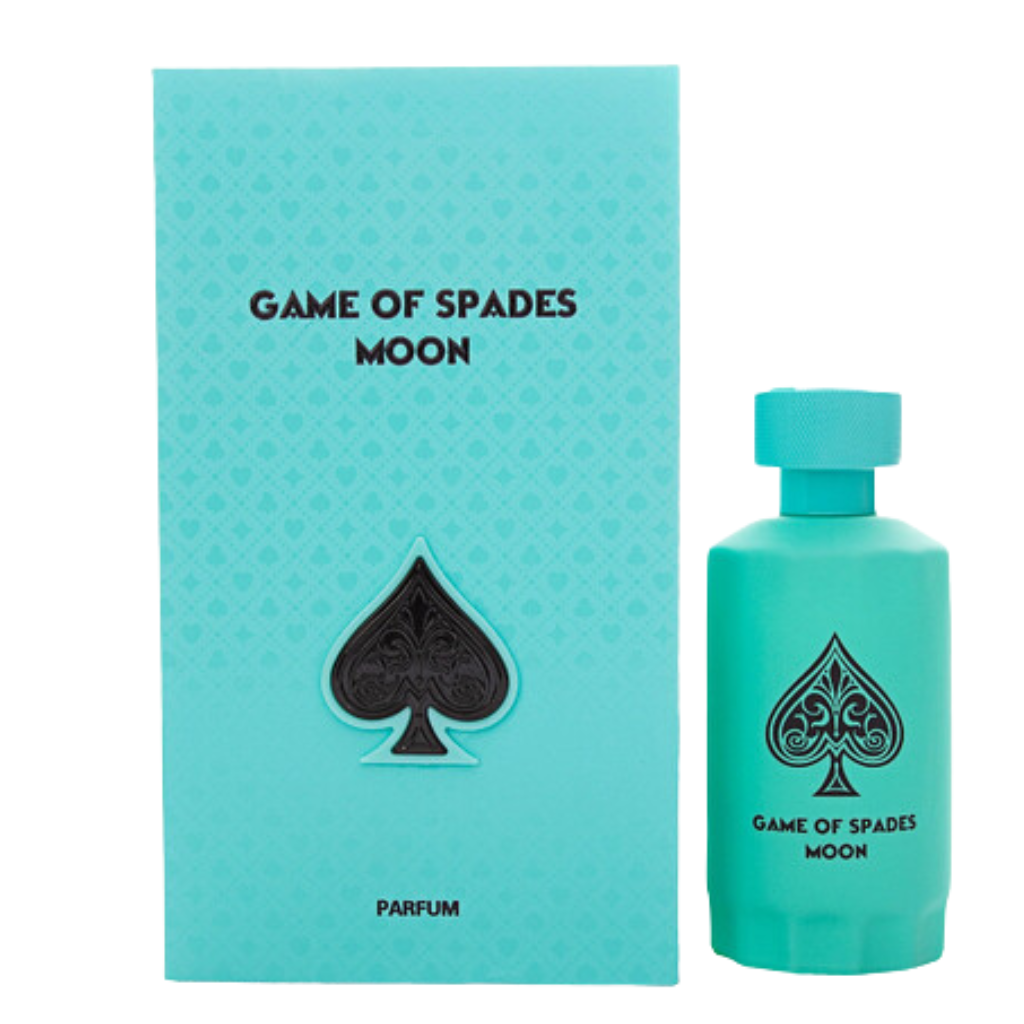 Game of Spades Moon Parfum bottle and box in turquoise with black spade design and bold text branding