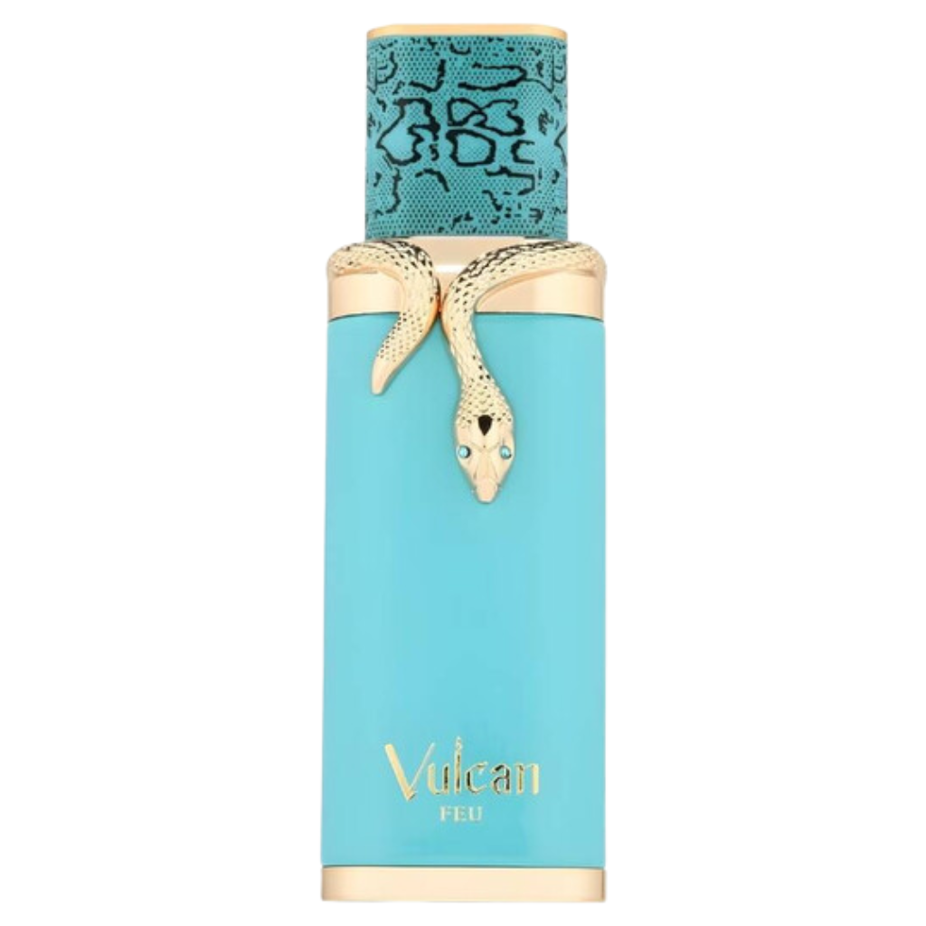 Vulcan Feu EDP perfume bottle in turquoise with gold snake detail and textured cap, luxury fragrance design