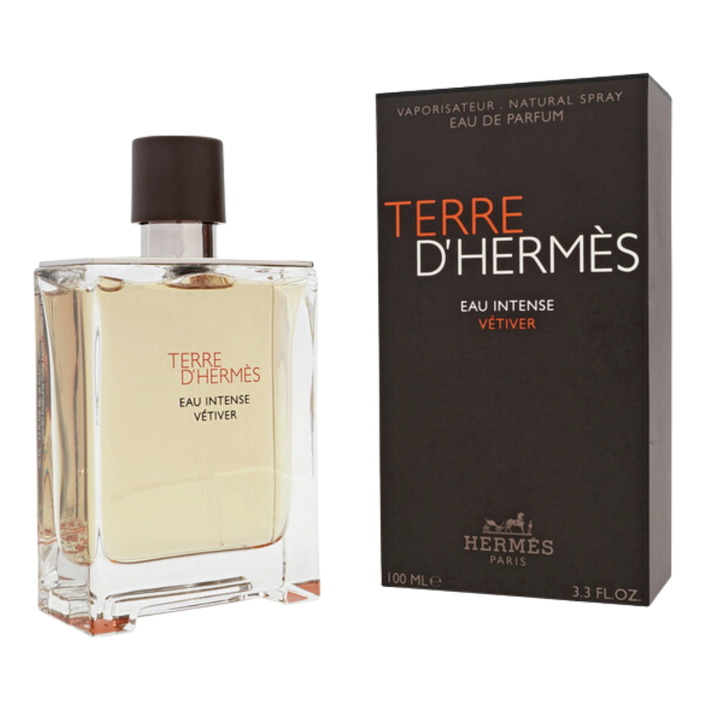 Terre d'Hermes Eau Intense Vetiver EDP perfume bottle and black packaging box with orange and white text