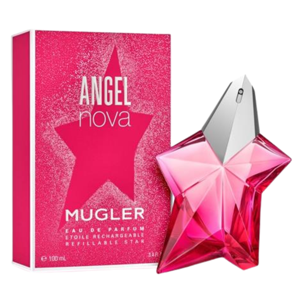 Angel Nova EDP fragrance bottle and pink star-shaped packaging showcasing designer perfume bottle design.