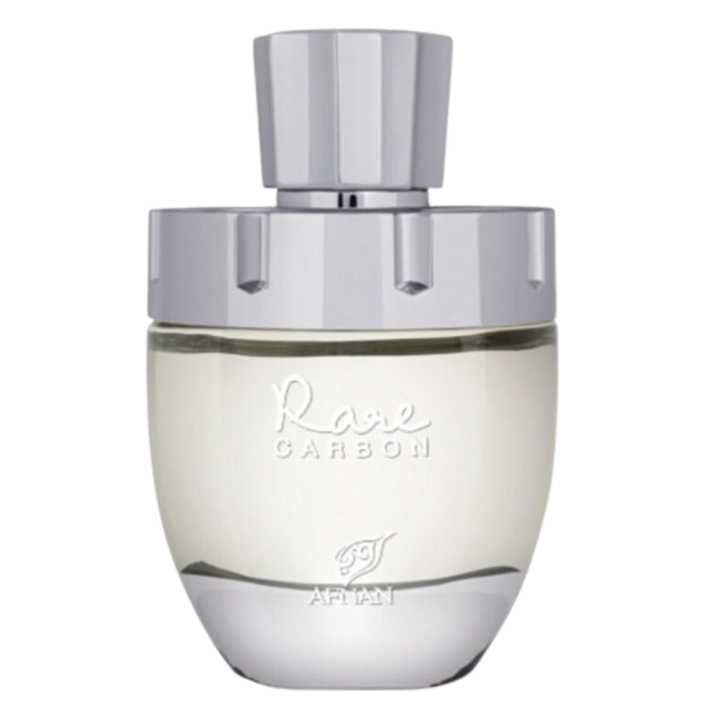 Rare Carbon EDP fragrance bottle with sleek silver cap and transparent glass showcasing light-colored perfume inside