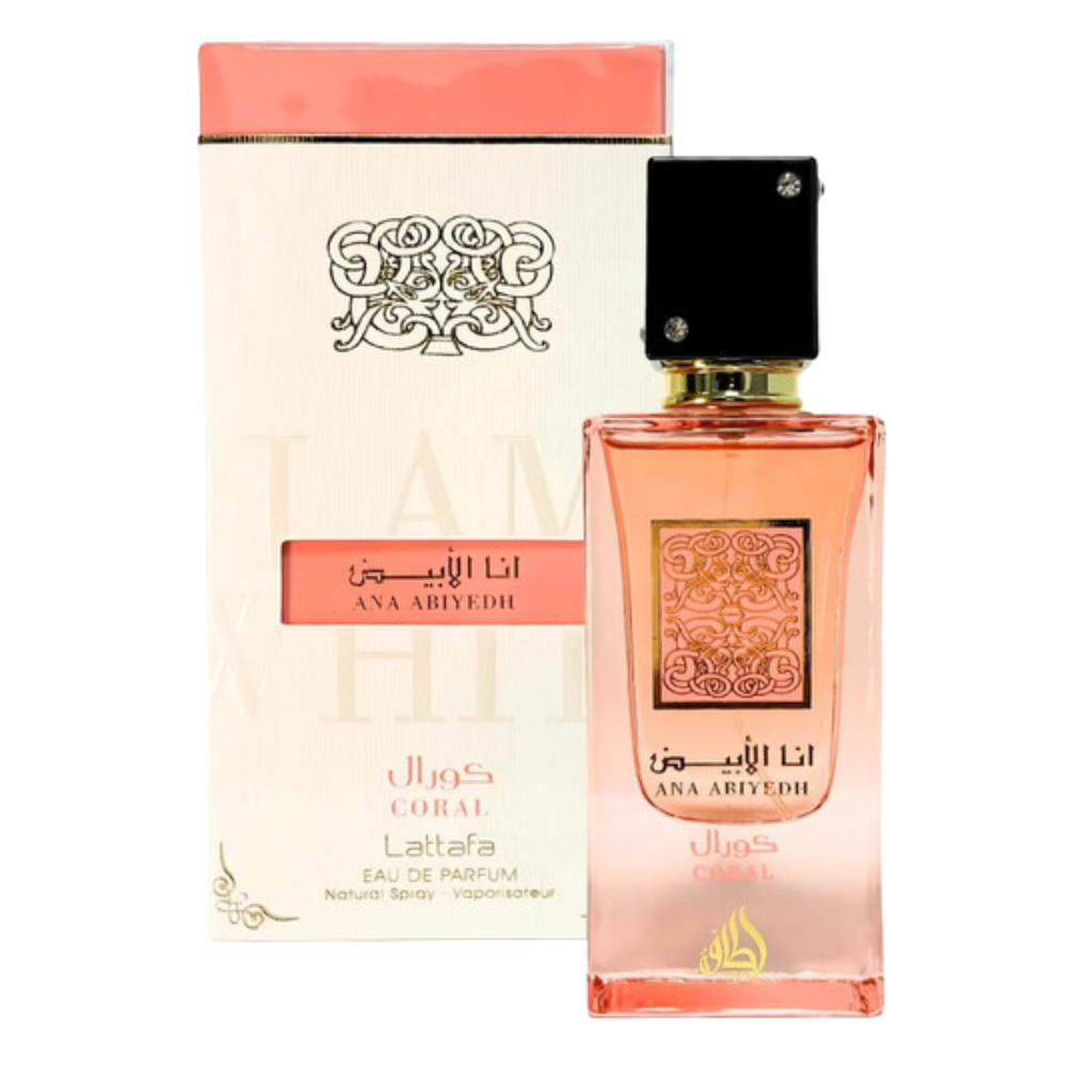 Ana Abiyed Coral EDP perfume bottle with coral liquid and decorated beige and coral packaging box.