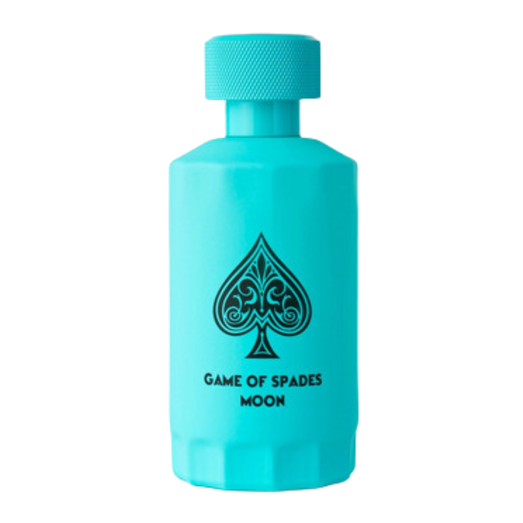 Game of Spades Moon Parfum in turquoise bottle with black spade logo and textured cap on white background