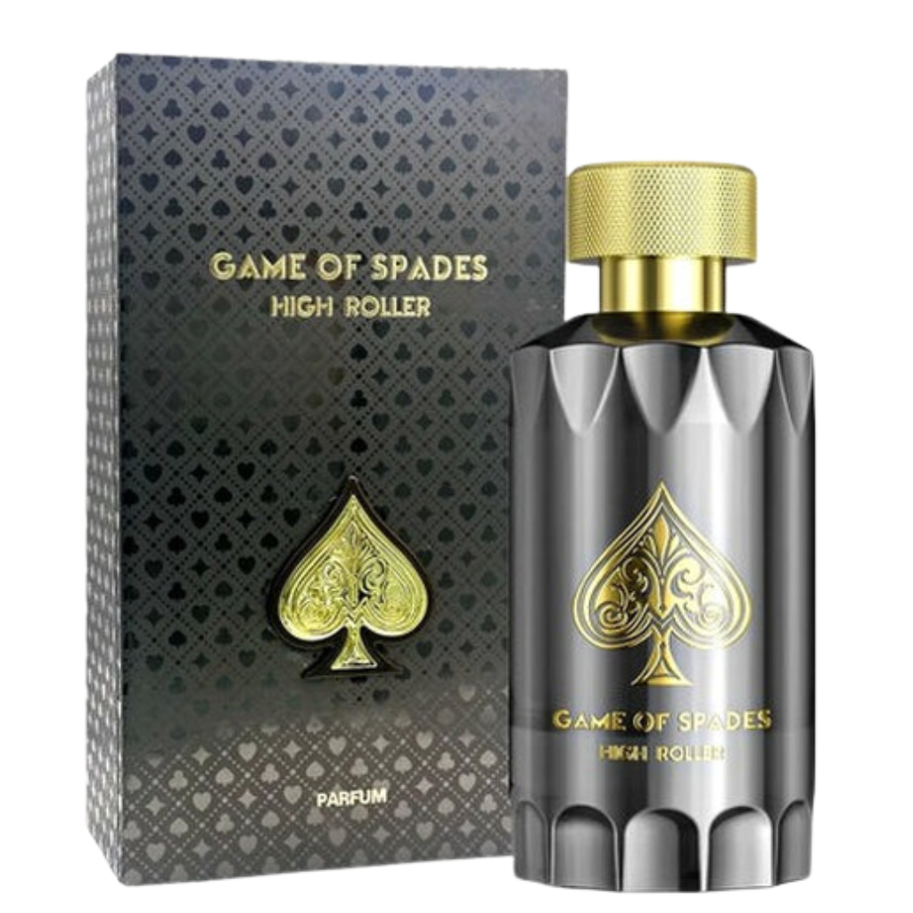 Luxury black and gold bottle and box of Game Of Spades High Roller Parfum with elegant spade emblem design