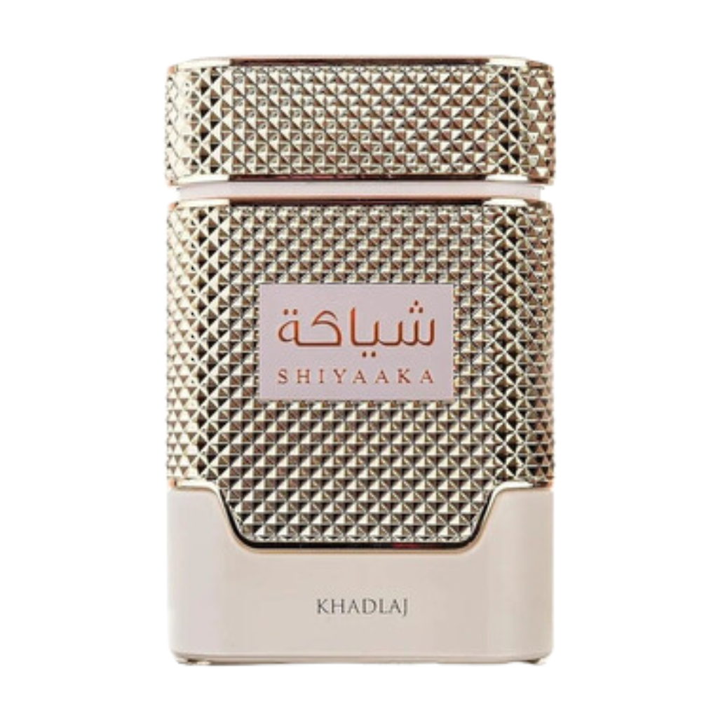 Shiyaaka White EDP perfume bottle with textured gold and white design from Khadlaj luxury fragrance collection