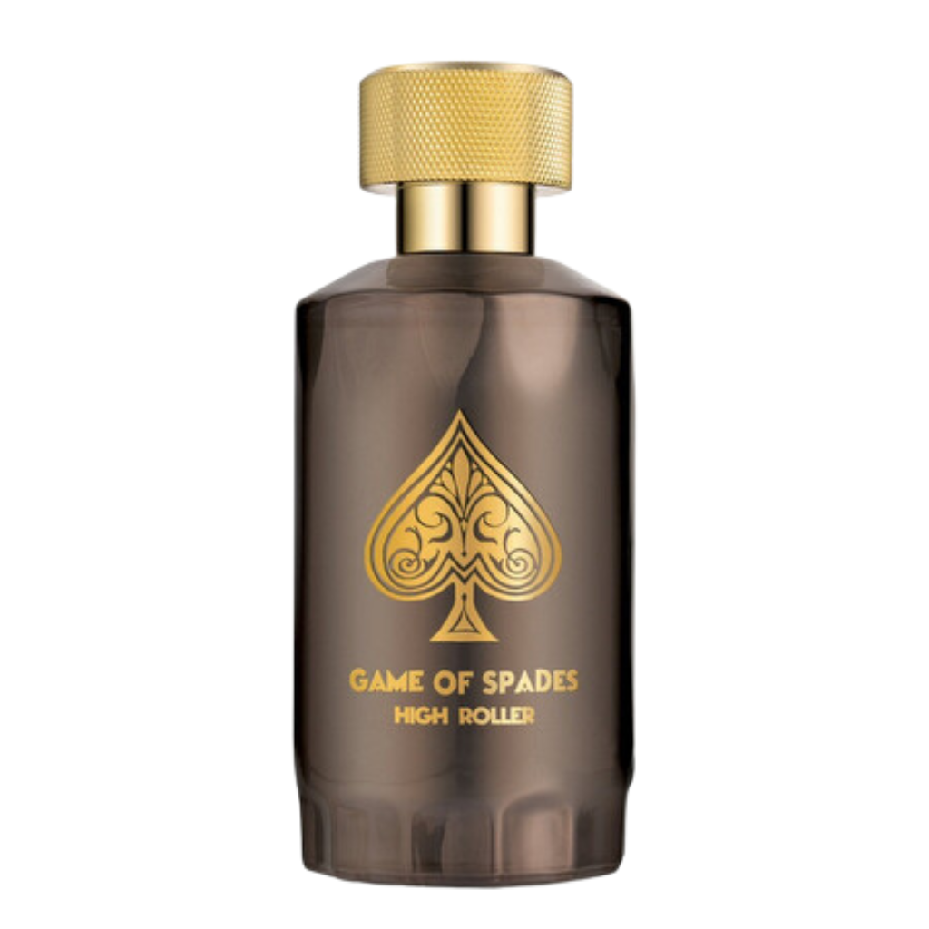 Elegant dark glass bottle with gold cap and ornate spade logo of Game Of Spades High Roller Parfum