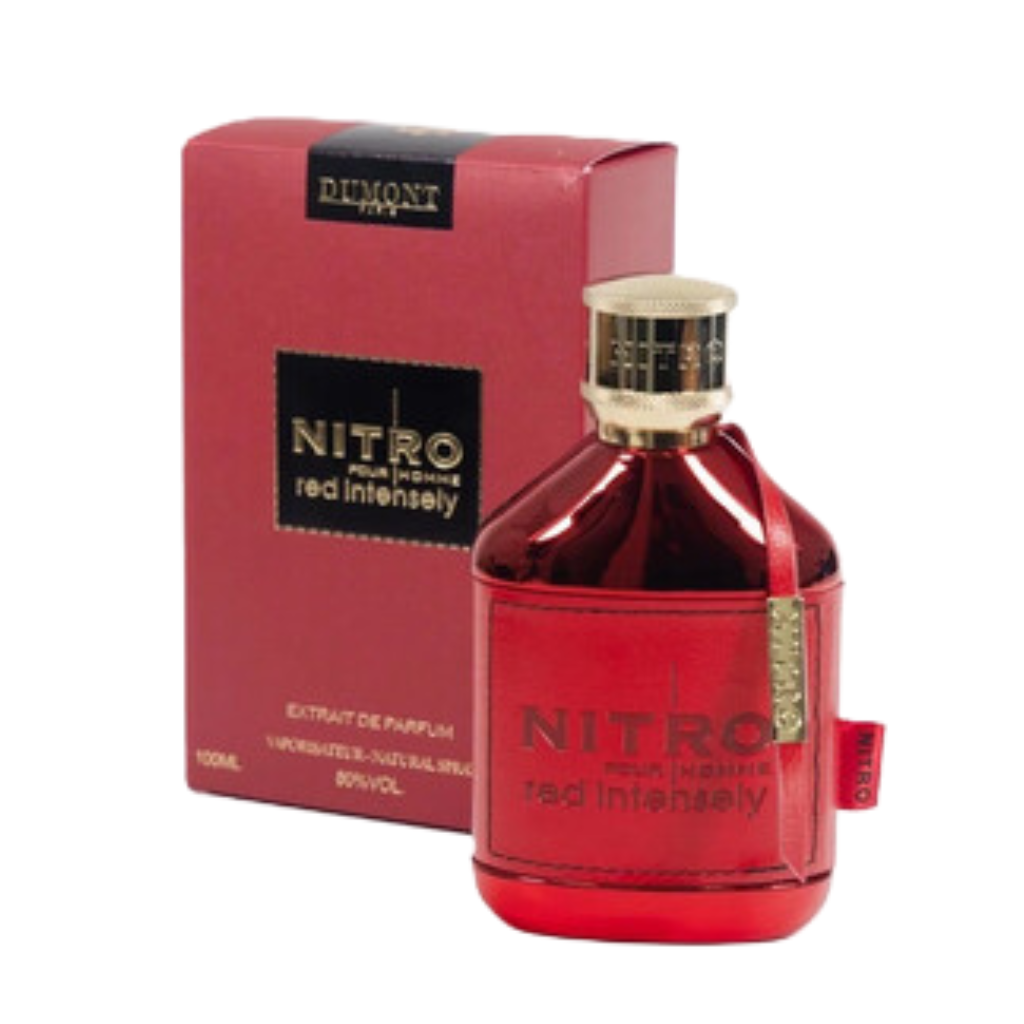 Nitro Red Intensely EDP perfume bottle and matching red box, showcasing luxury fragrance packaging design.