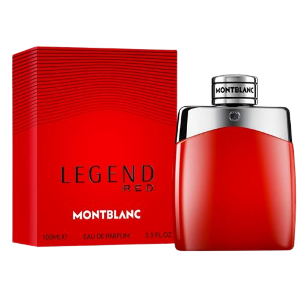 Montblanc Legend Red EDP perfume bottle and red box with sleek, modern design for men’s fragrance collection