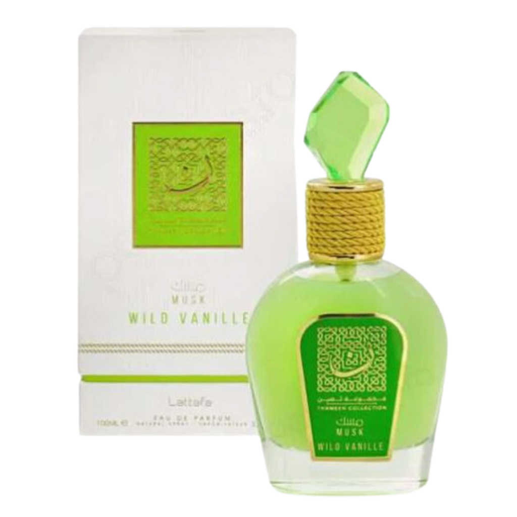 Elegant green and gold perfume bottle with box featuring Musk Wild Vanille EDP, a niche luxury fragrance decant