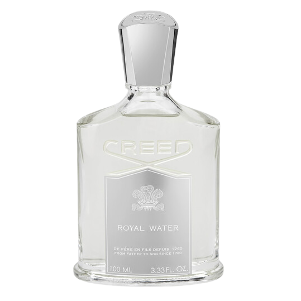 Clear glass bottle with silver cap and label of Royal Water EDP luxury fragrance by Creed