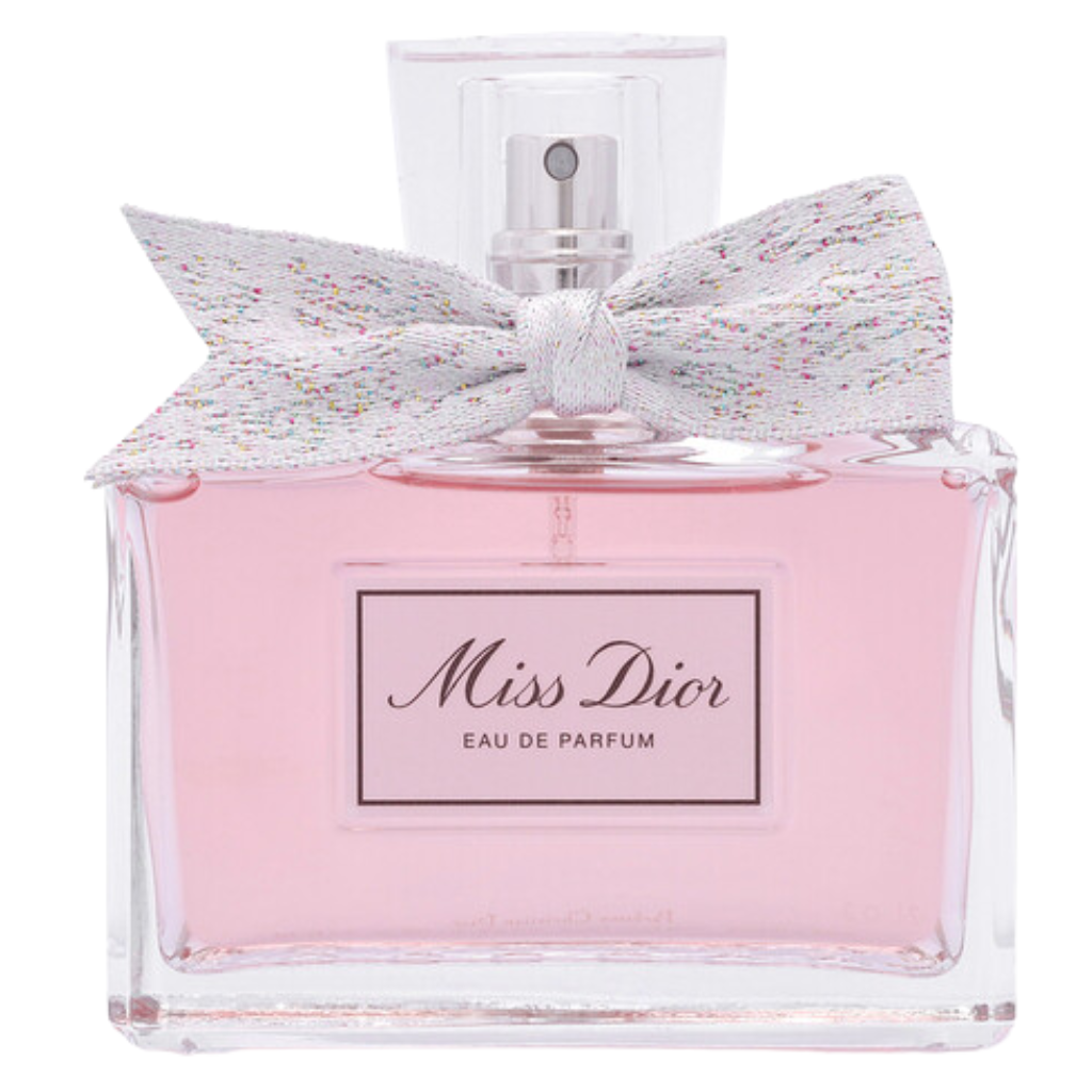 Miss Dior EDP perfume bottle with pink liquid and a delicate fabric bow on a clear glass bottle