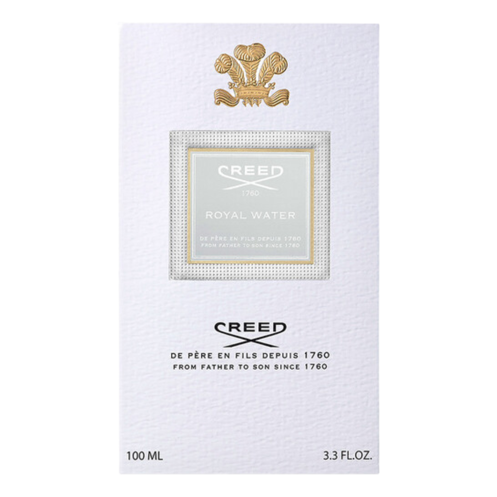 Elegant white packaging of Royal Water EDP perfume by Creed with gold emblem and classic minimalist design.