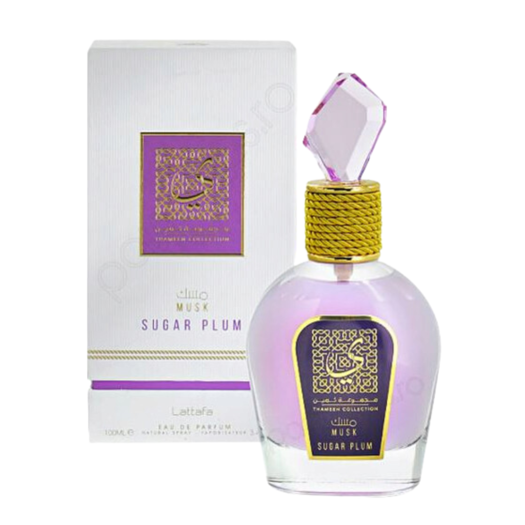Elegant glass bottle and packaging of Musk Sugar Plum EDP with purple and gold accents, luxury fragrance decant.