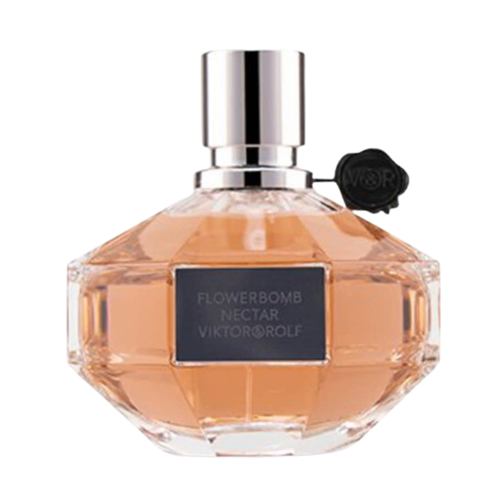 Flowerbomb Nectar EDP perfume bottle with peach-colored liquid and silver cap in a faceted clear glass design