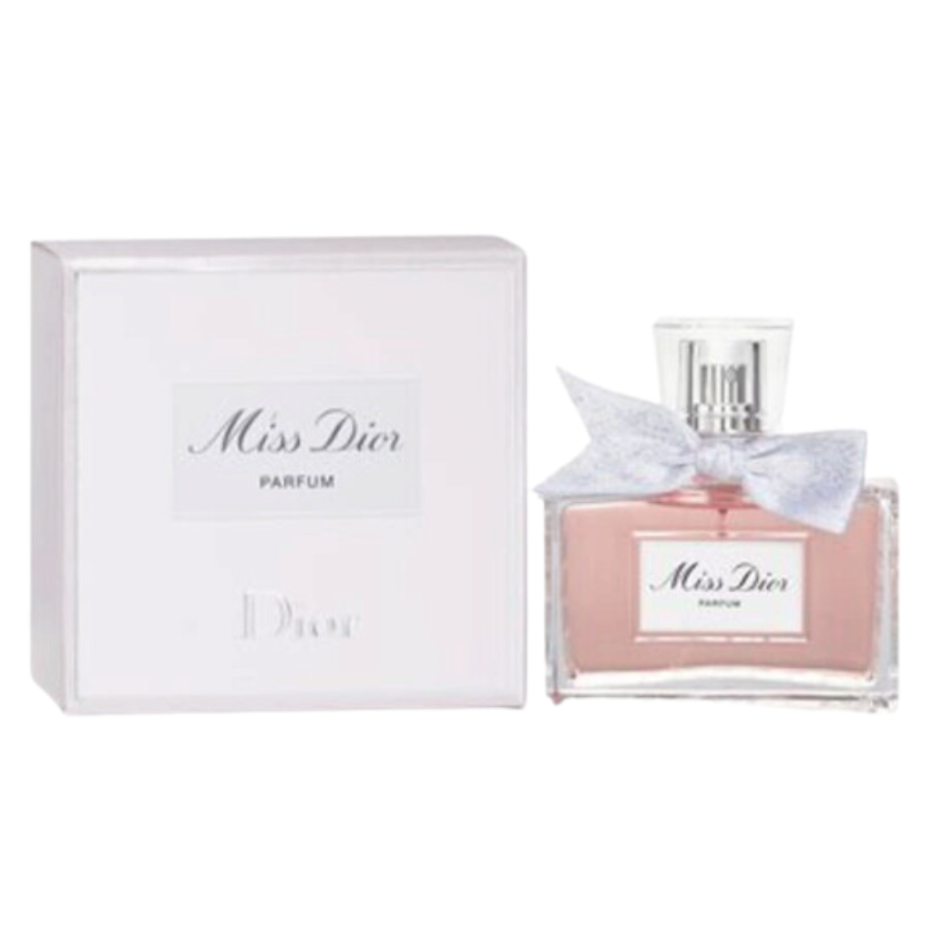 Elegant Miss Dior Parfum bottle with pink fragrance and decorative bow next to its white packaging box