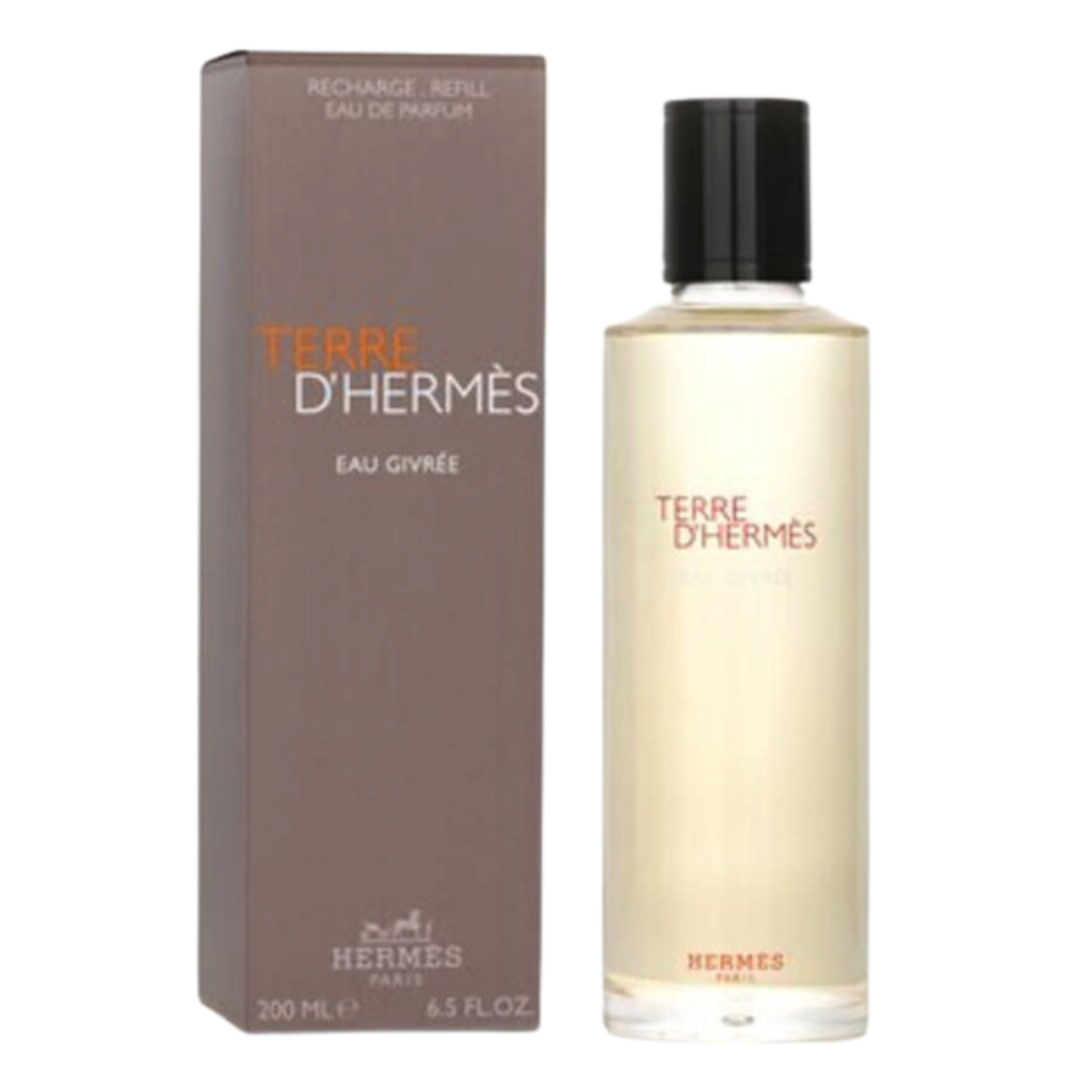 Terre d'Hermes Eau Givree EDP refill bottle next to its brown designer packaging box for fragrance decants