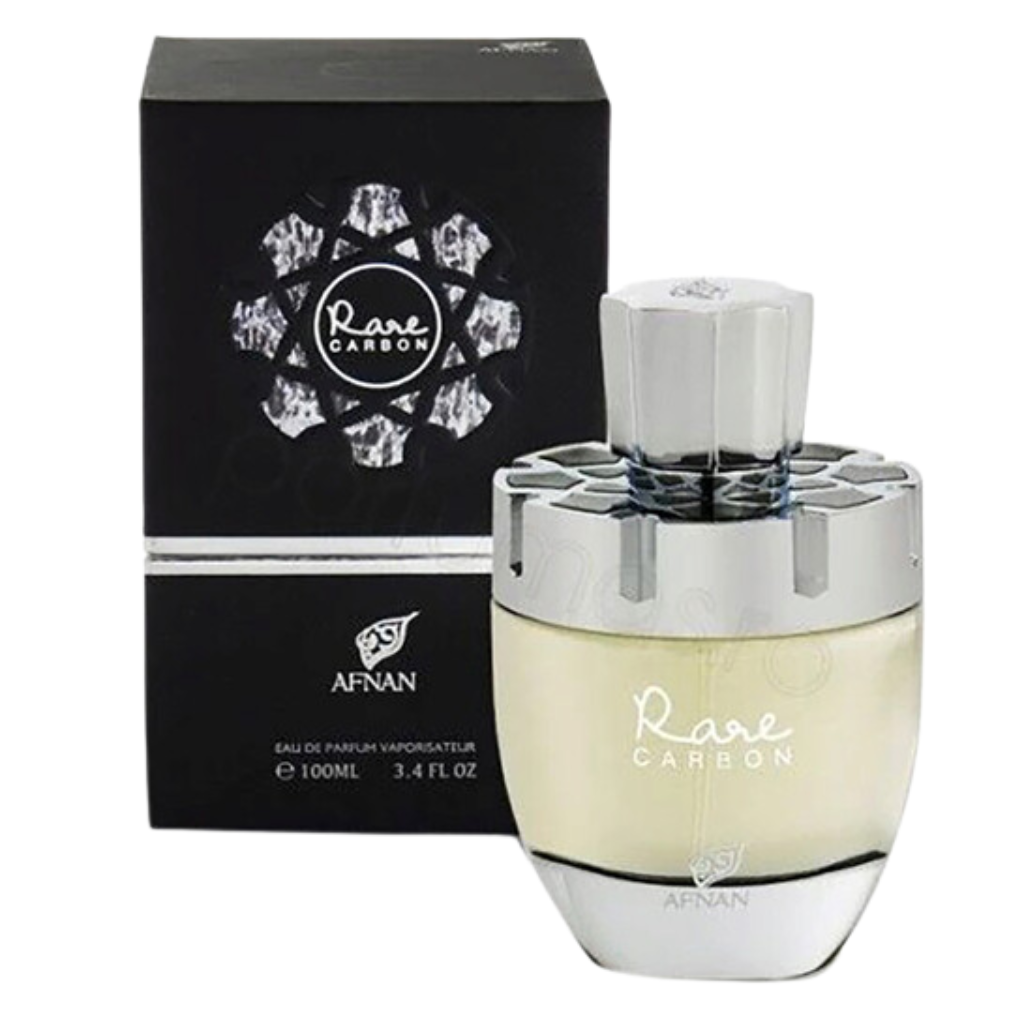 Rare Carbon EDP perfume bottle with silver cap and black box packaging by Afnan fragrance decants luxury scent