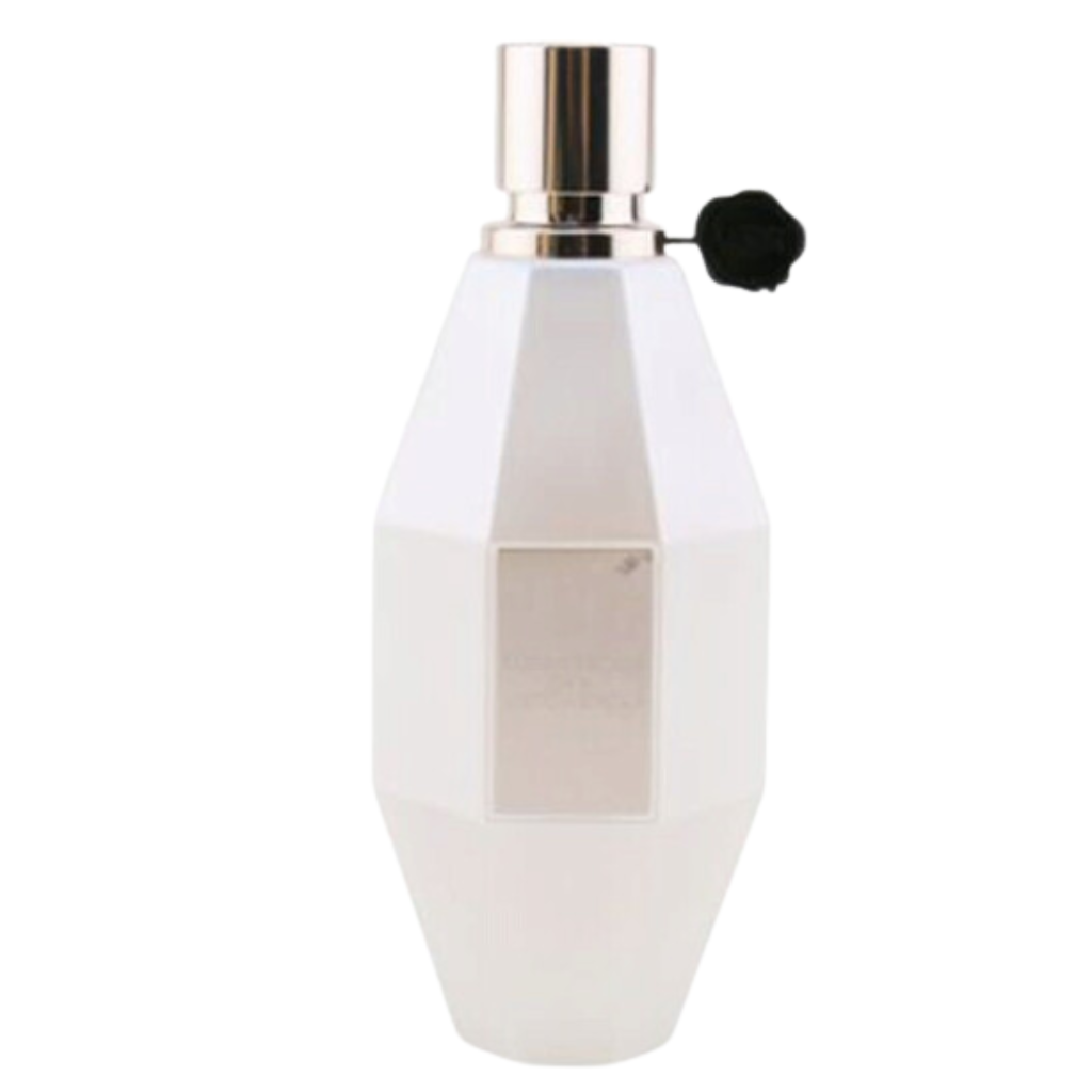 Elegant white faceted bottle with gold cap and black floral detail of Flowerbomb Dew EDP fragrance perfume