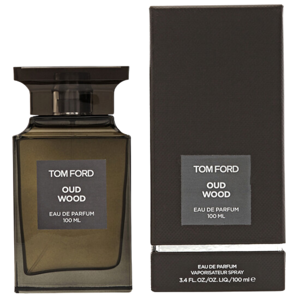Tom Ford Oud Wood EDP bottle and box set with sleek dark design, luxury niche fragrance decant for men and women.