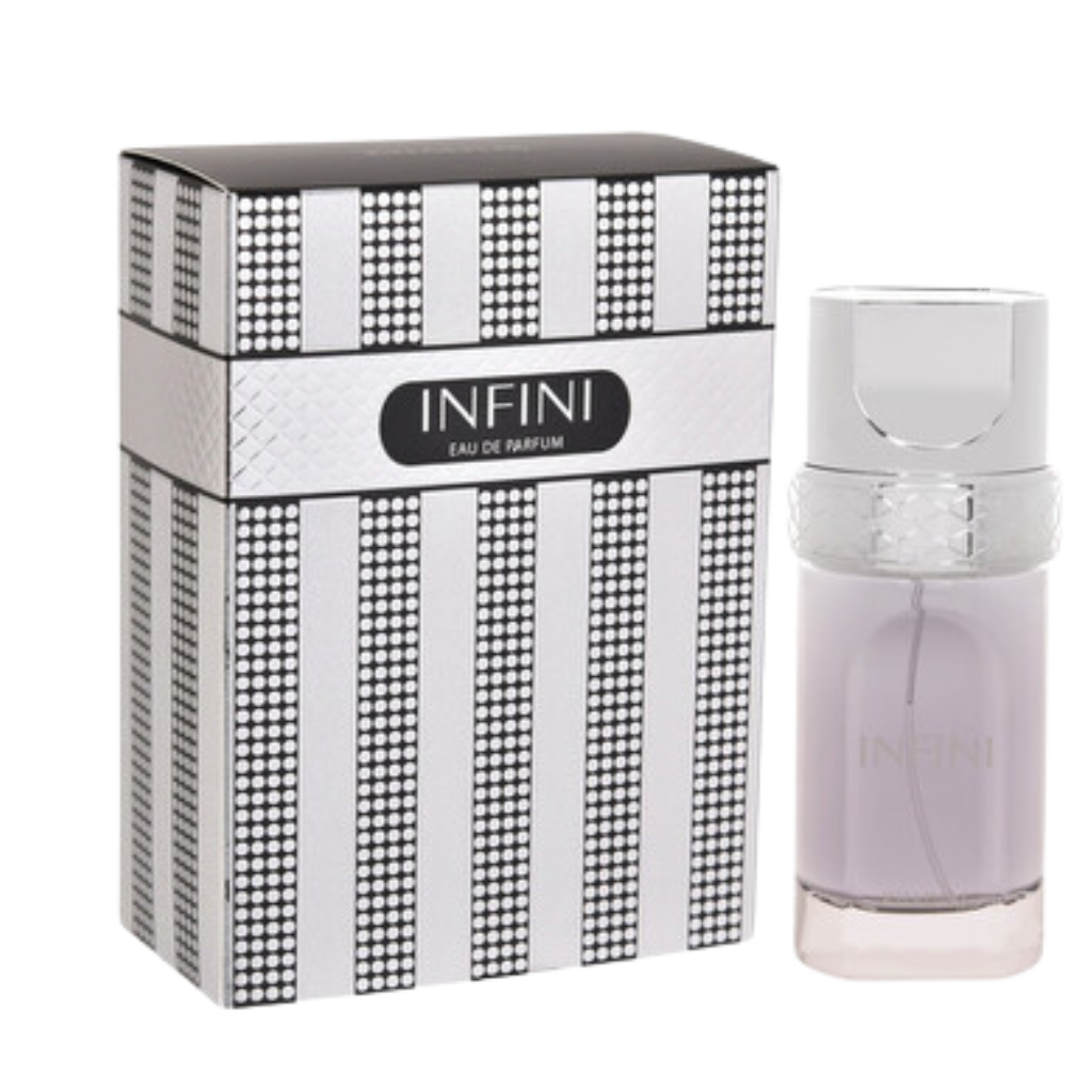 Infini EDP perfume bottle with light purple liquid beside a black and white striped designer box packaging