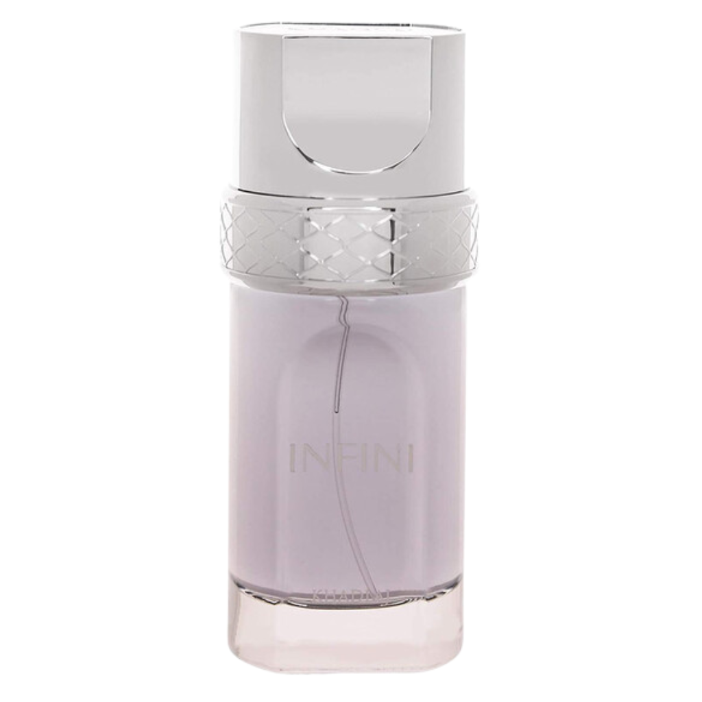Elegant glass bottle of Infini EDP perfume with a silver cap and light purple fragrance inside