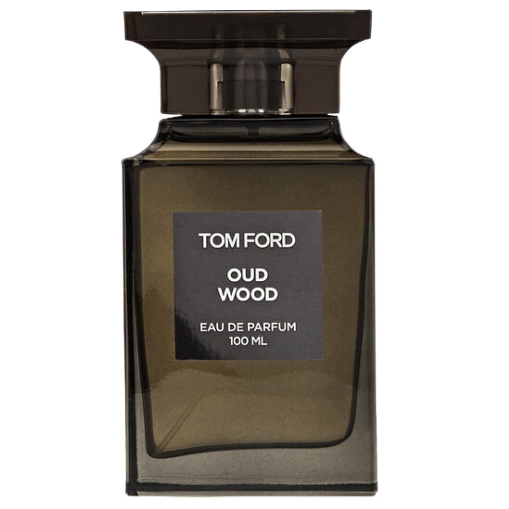 Tom Ford Oud Wood EDP perfume bottle in dark sleek design with a black label and elegant rectangular cap