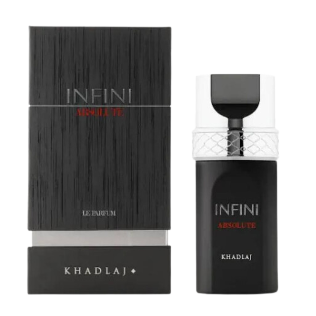 Infini Absolute EDP bottle and black textured box packaging with silver and red accents displayed side by side