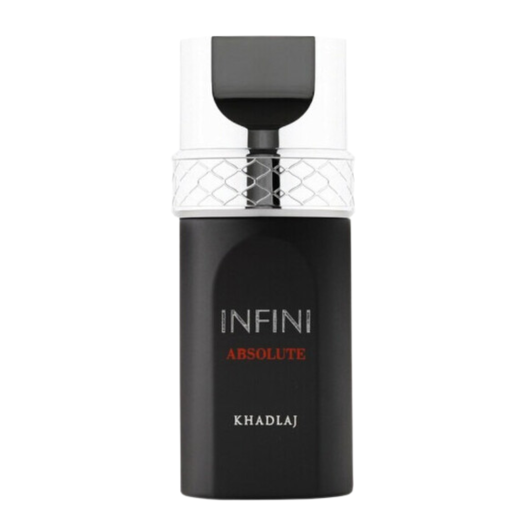 Black and silver elegant bottle of Infini Absolute EDP perfume with a modern textured silver cap design