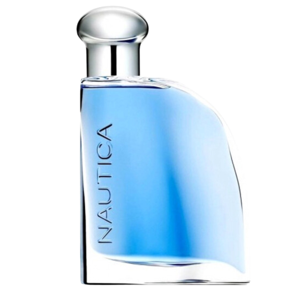 Clear glass bottle with blue liquid and silver cap, showcasing Blue Sail EDT fragrance by Arvella Fragrance.