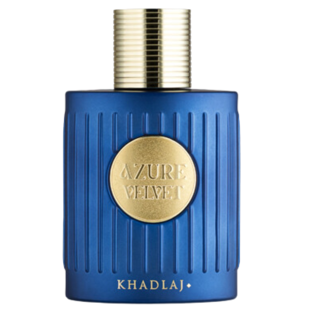 Bottle of Azure Velvet Extrait de Parfum with a textured blue body and gold circular label and cap