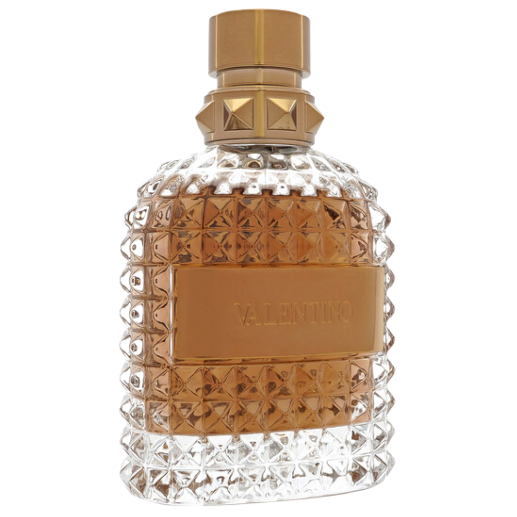 Valentino Uomo EDT perfume bottle with textured glass and gold-tone cap, luxury fragrance decant for men