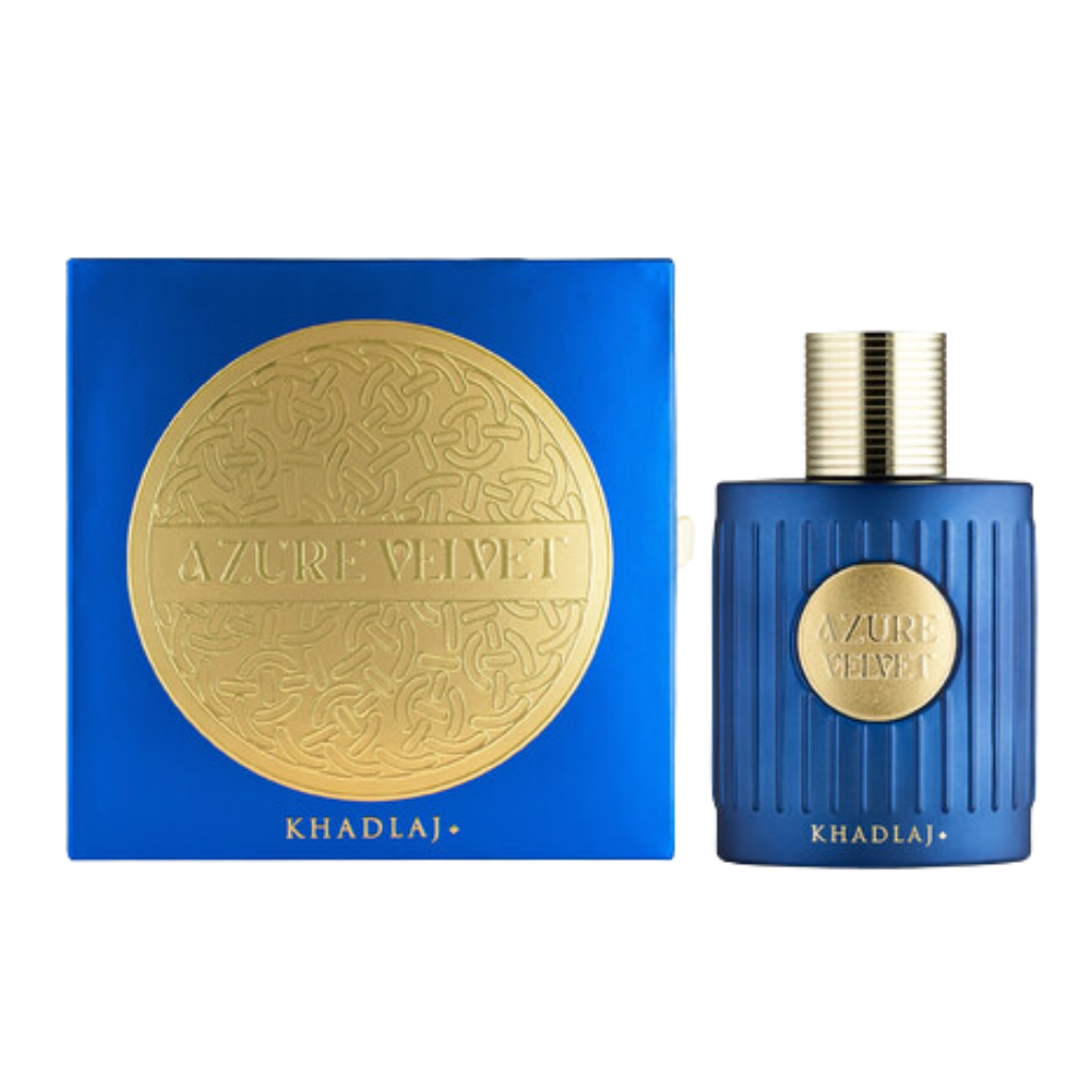 Azure Velvet Extrait de Parfum in luxurious blue and gold packaging with embossed details and sleek design