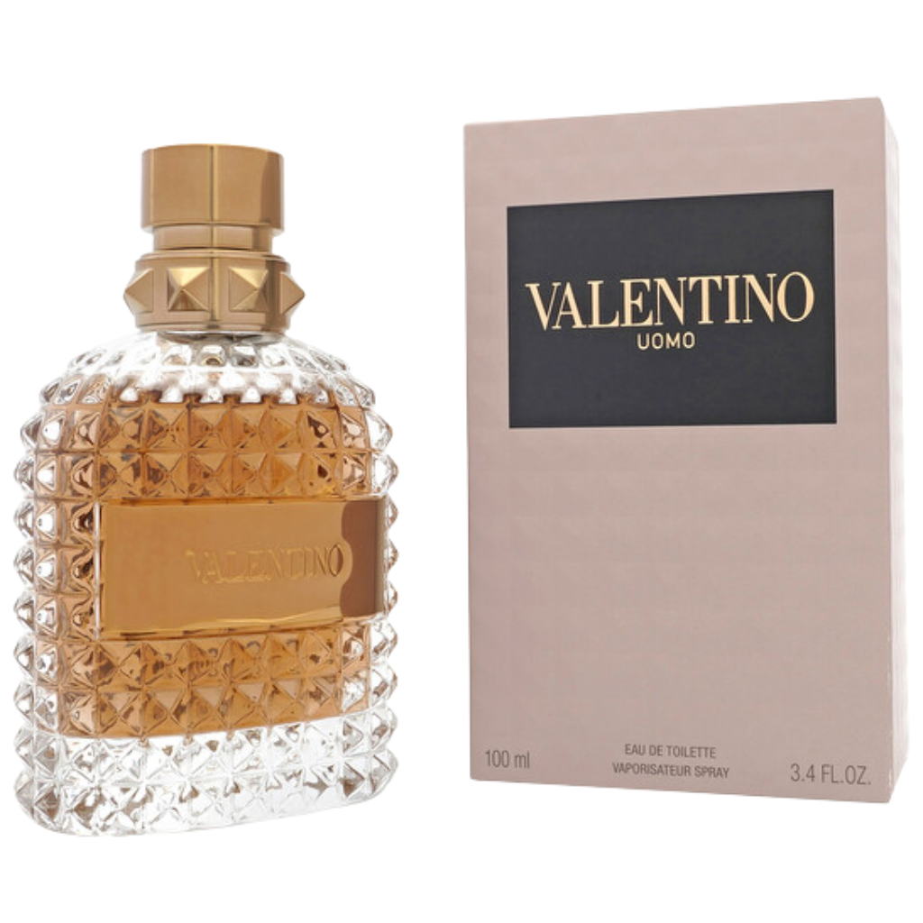 Valentino Uomo EDT bottle with textured glass design and beige packaging box with gold lettering