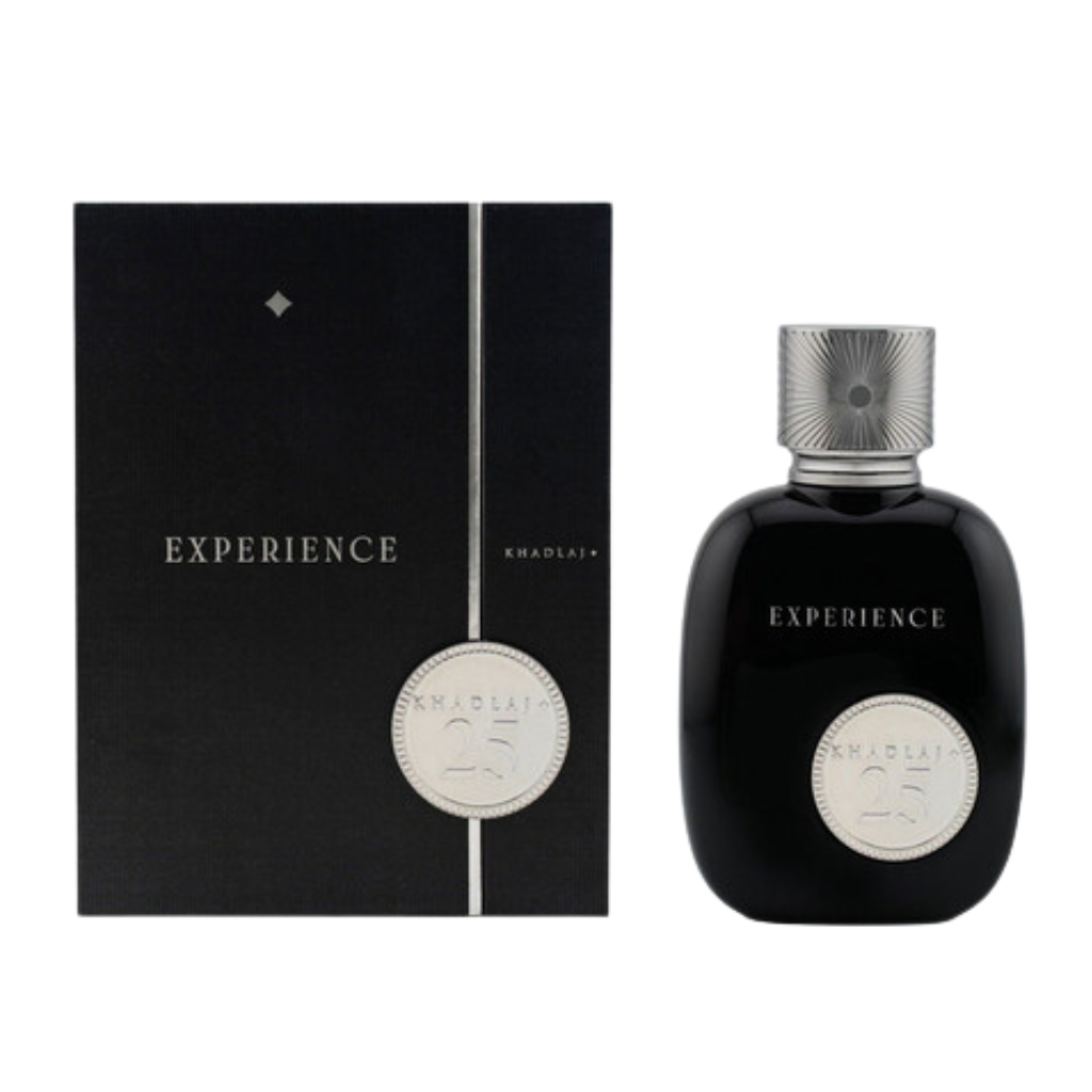 25 Experience EDP perfume bottle and black packaging with silver detailing, luxury niche fragrance decant sample