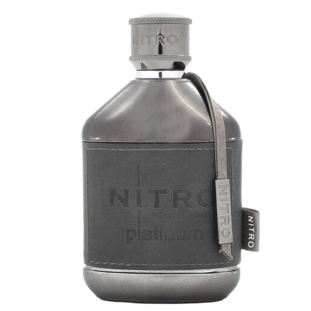 Nitro Platinum EDP fragrance bottle with dark metallic finish and leather label for a modern, stylish look