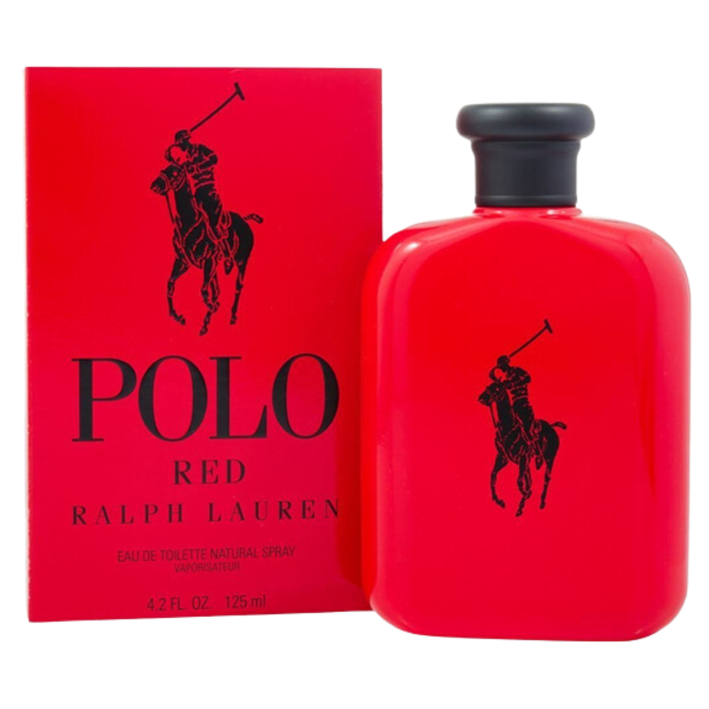 Polo Red EDT fragrance bottle and box in vibrant red with black logo and cap, showcasing designer perfume packaging.