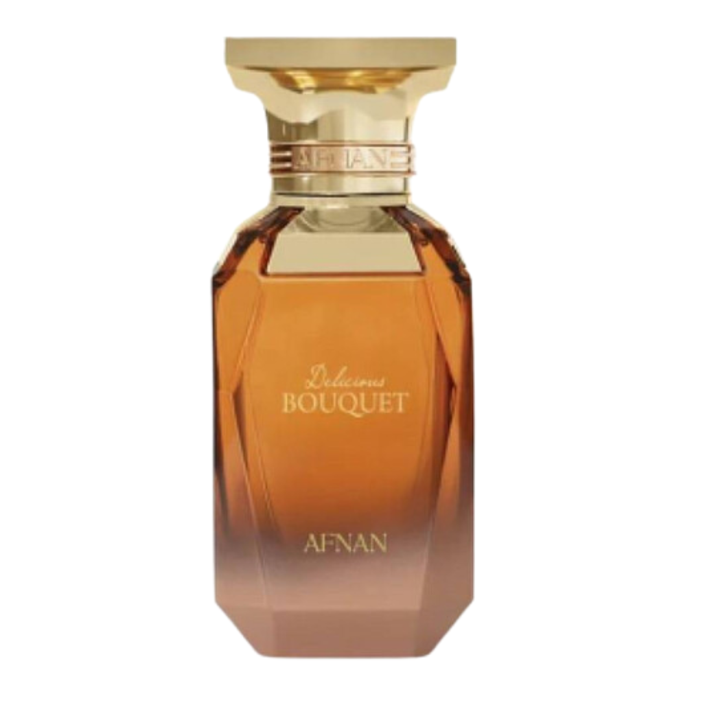 Elegant amber glass perfume bottle with gold cap labeled Delicious Bouquet EDP by Afnan fragrance brand